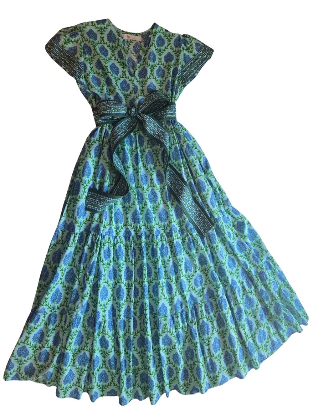 Bindu Pure Indian Artisan Cotton Blue & Green Floral Maxi Dress Contrast Sash Sm - Picture 10 of 10